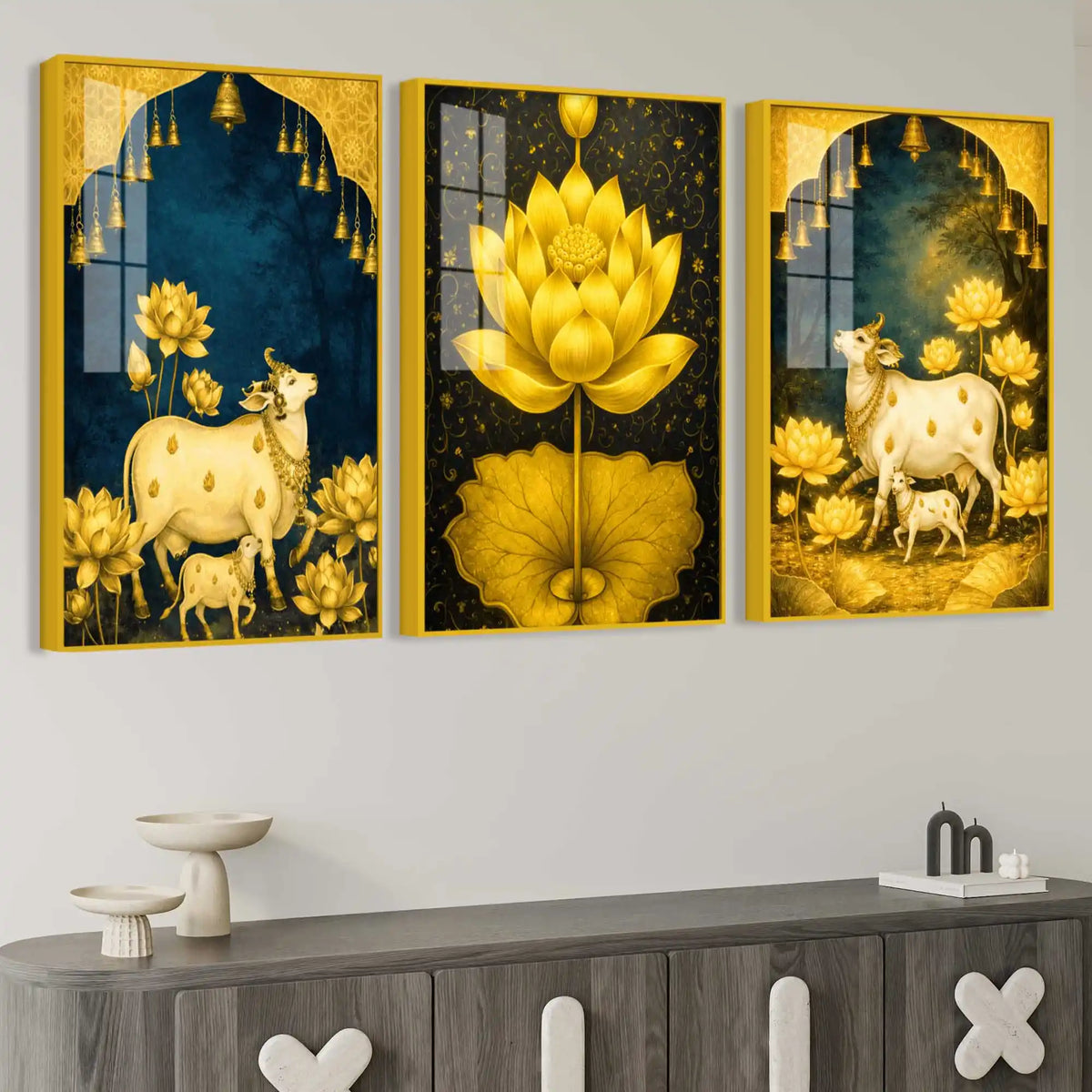 Sacred Cow and Lotus Floating Acrylic Painting Set of 3