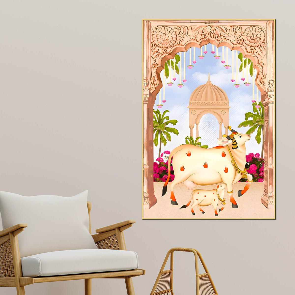 Sacred Cow Kamdhenu with Calf Canvas Wall Painting