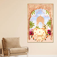 Sacred Cow Kamdhenu with Calf Canvas Wall Painting