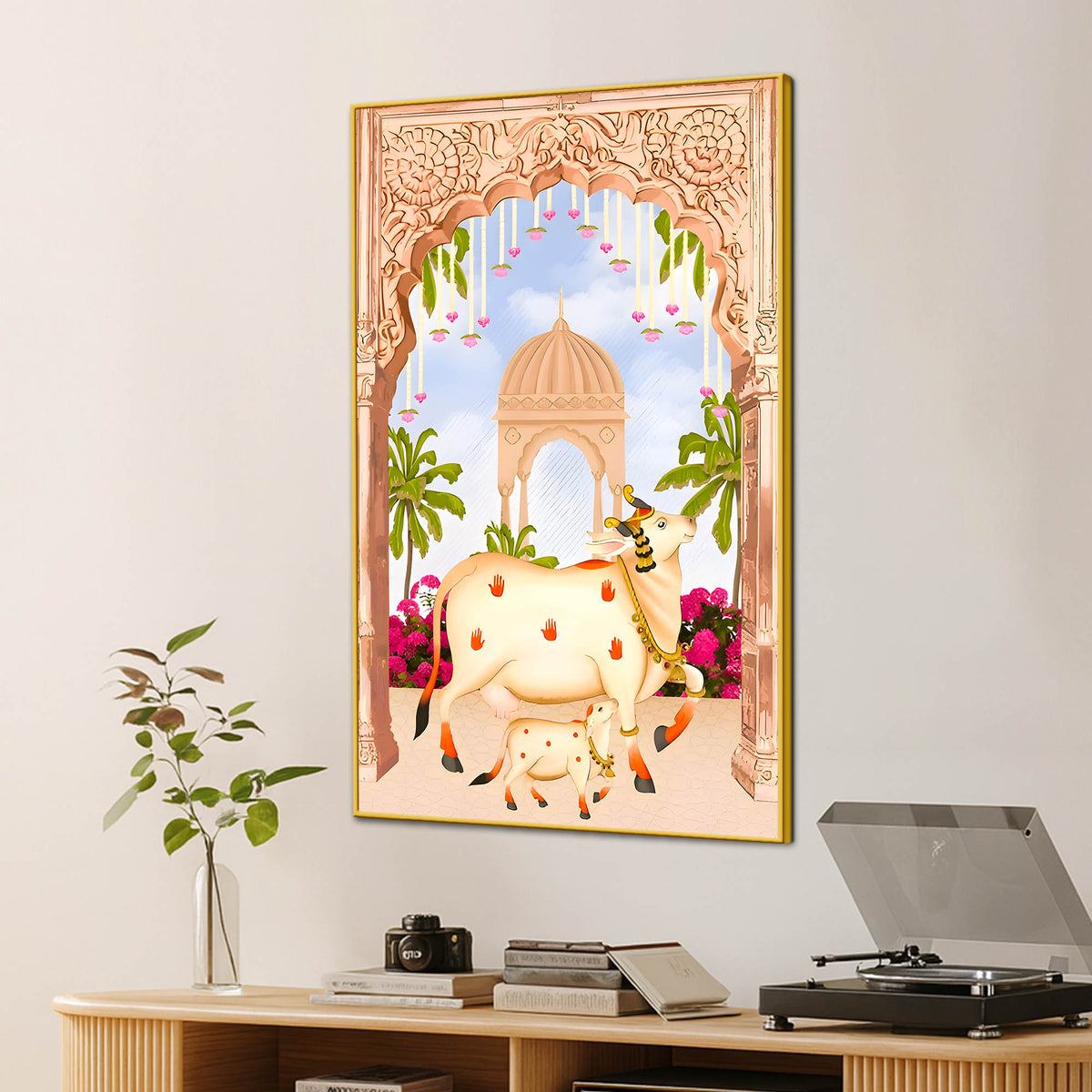 Sacred Cow Kamdhenu with Calf Canvas Wall Painting