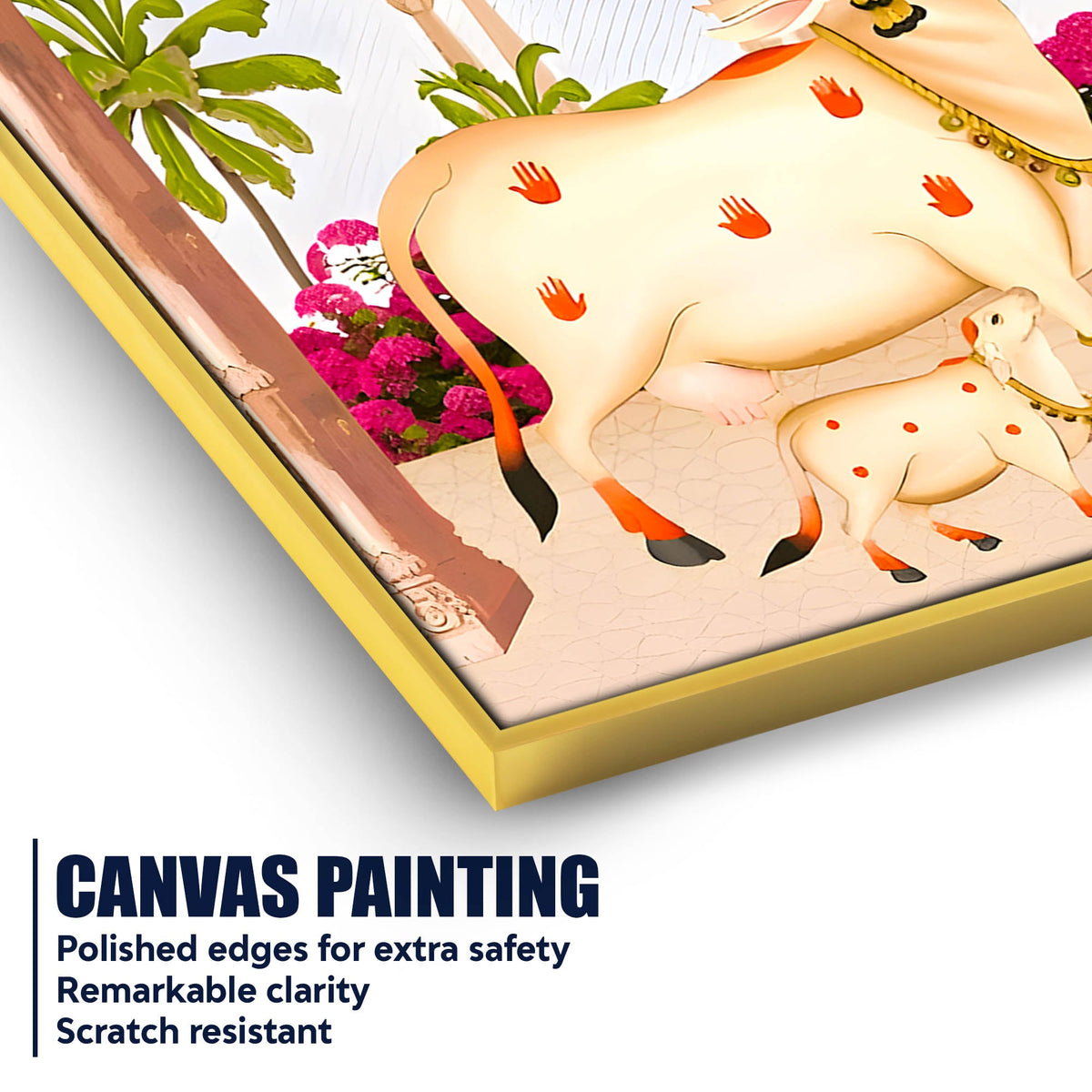 Sacred Cow Kamdhenu with Calf Canvas Wall Painting