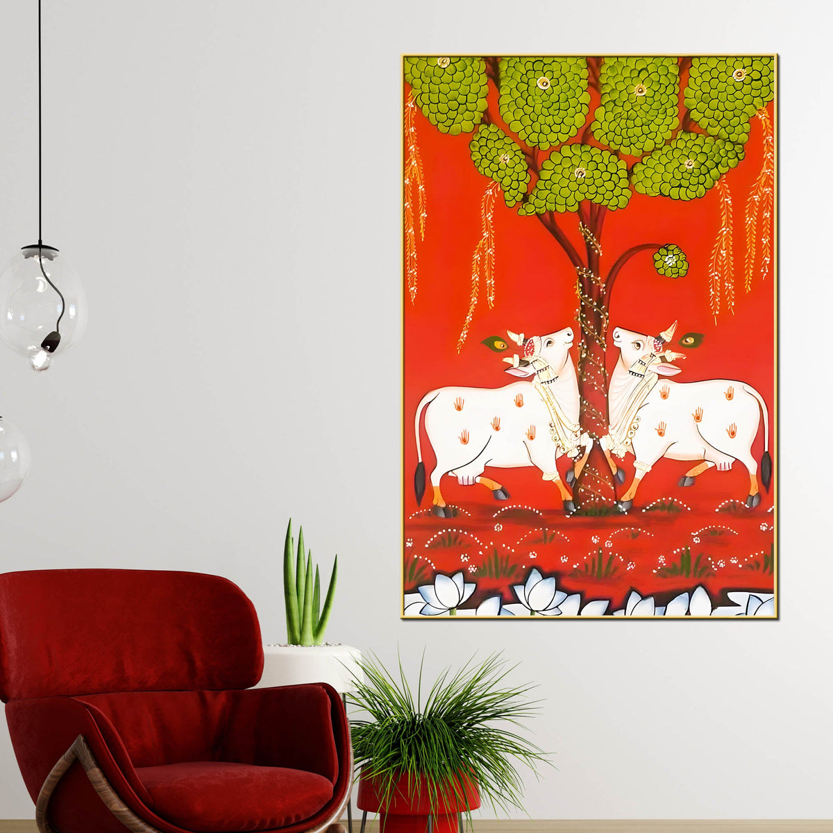 Sacred Cow Under Tree Indian Village Folk Art Canvas Wall Painting