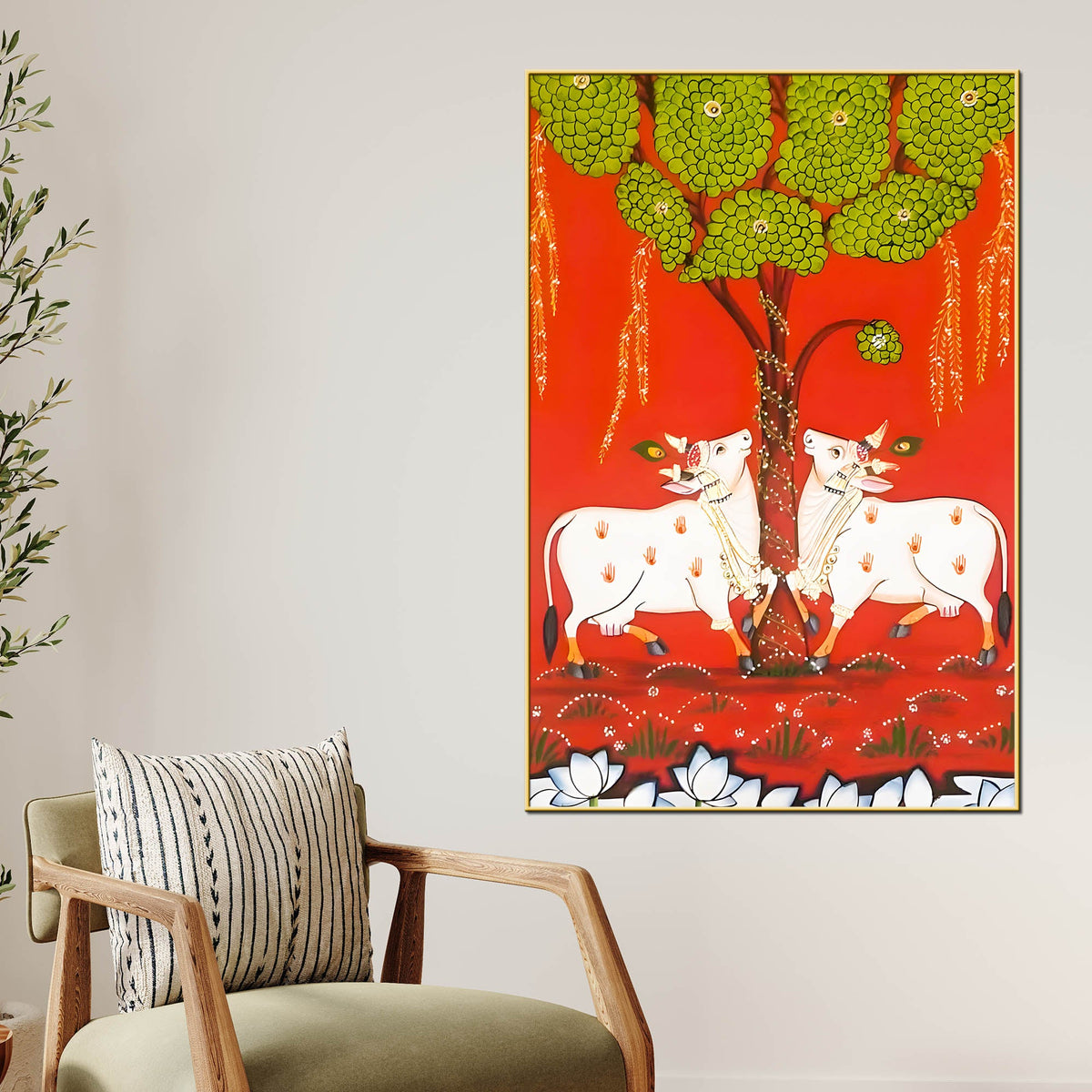 Sacred Cow Under Tree Indian Village Folk Art Canvas Wall Painting