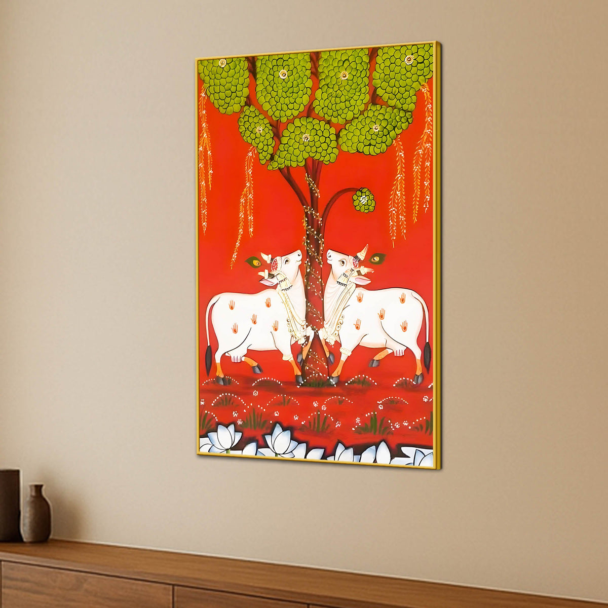Sacred Cow Under Tree Indian Village Folk Art Canvas Wall Painting