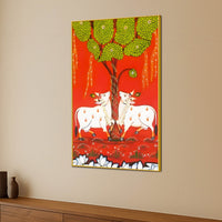 Sacred Cow Under Tree Indian Village Folk Art Canvas Wall Painting