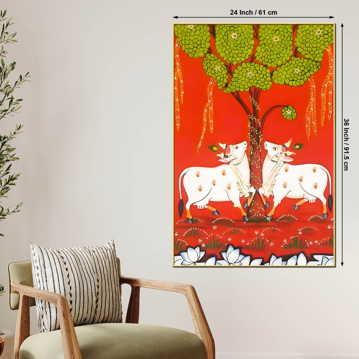 Sacred Cow Under Tree Indian Village Folk Art Canvas Wall Painting