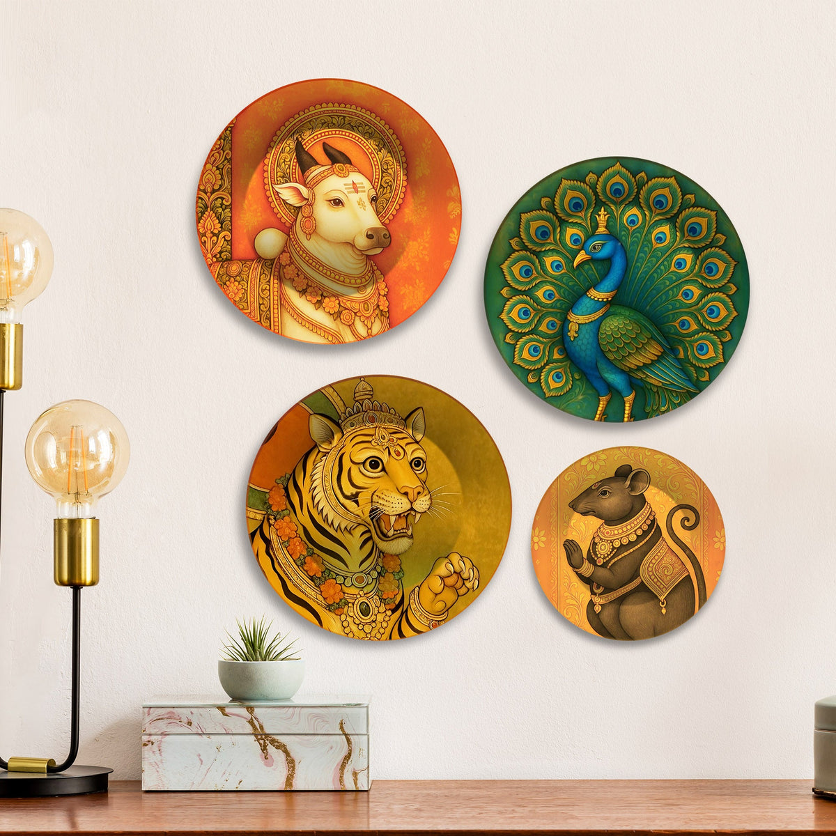 Sacred Divine Vahanas Animals Premium Wall Plates Painting Set of Four