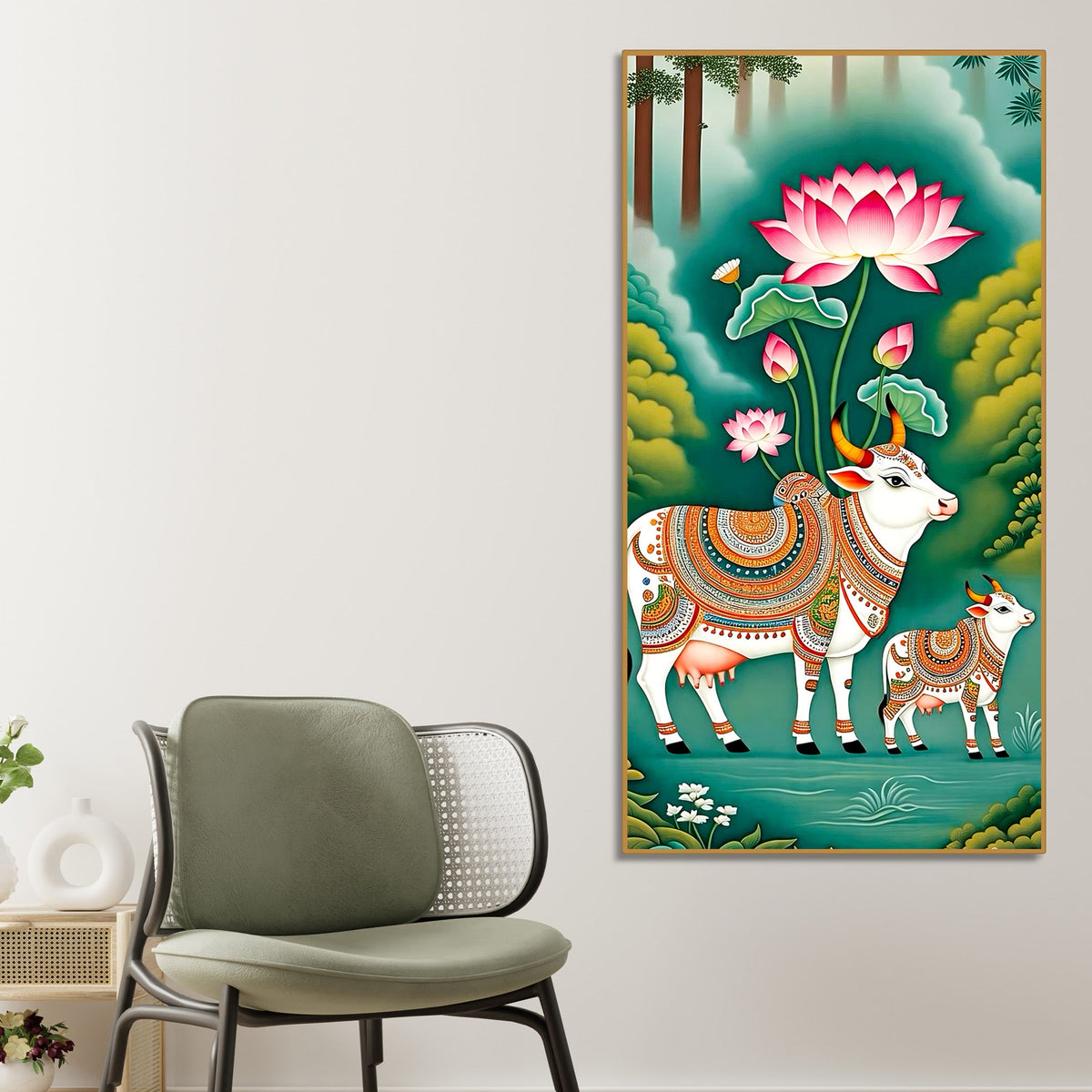 Sacred Gau Mata Canvas Wall Painting | Indian Art for Home Décor