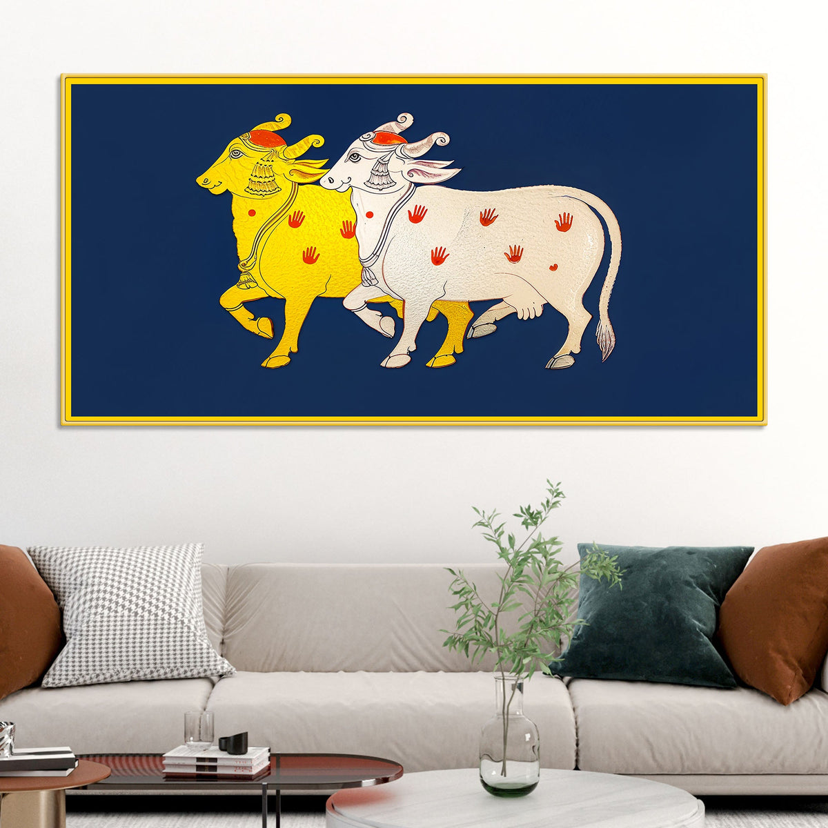 Sacred Gau Mata Pair Wall Painting | Spiritual Home Decor Art