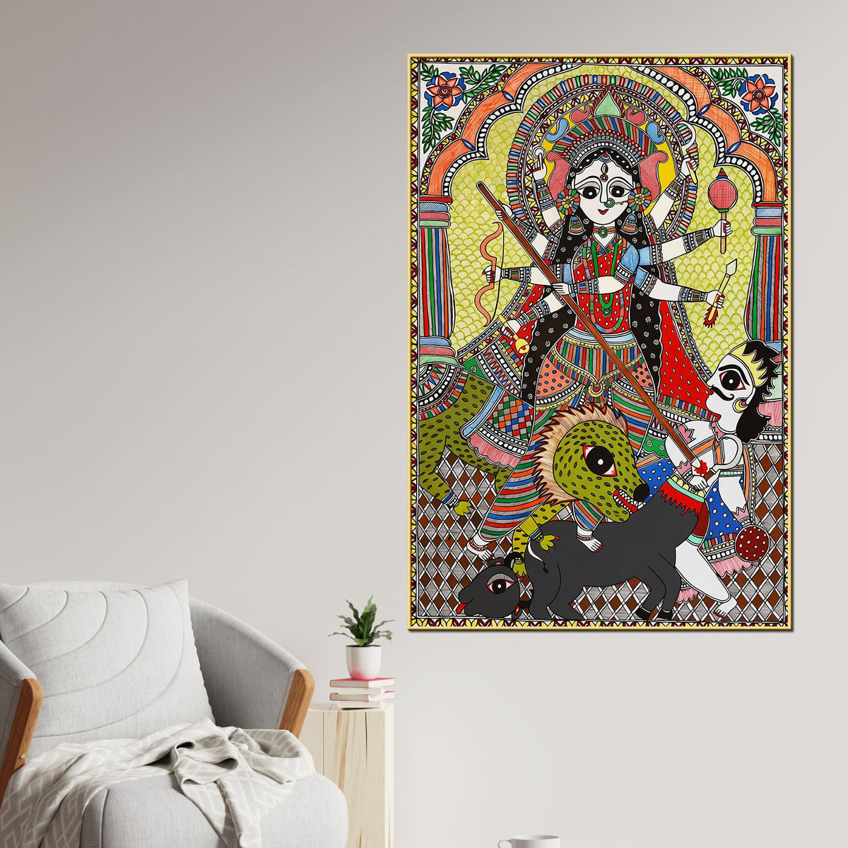 Sacred Goddess Durga Madhubani Canvas Wall Painting