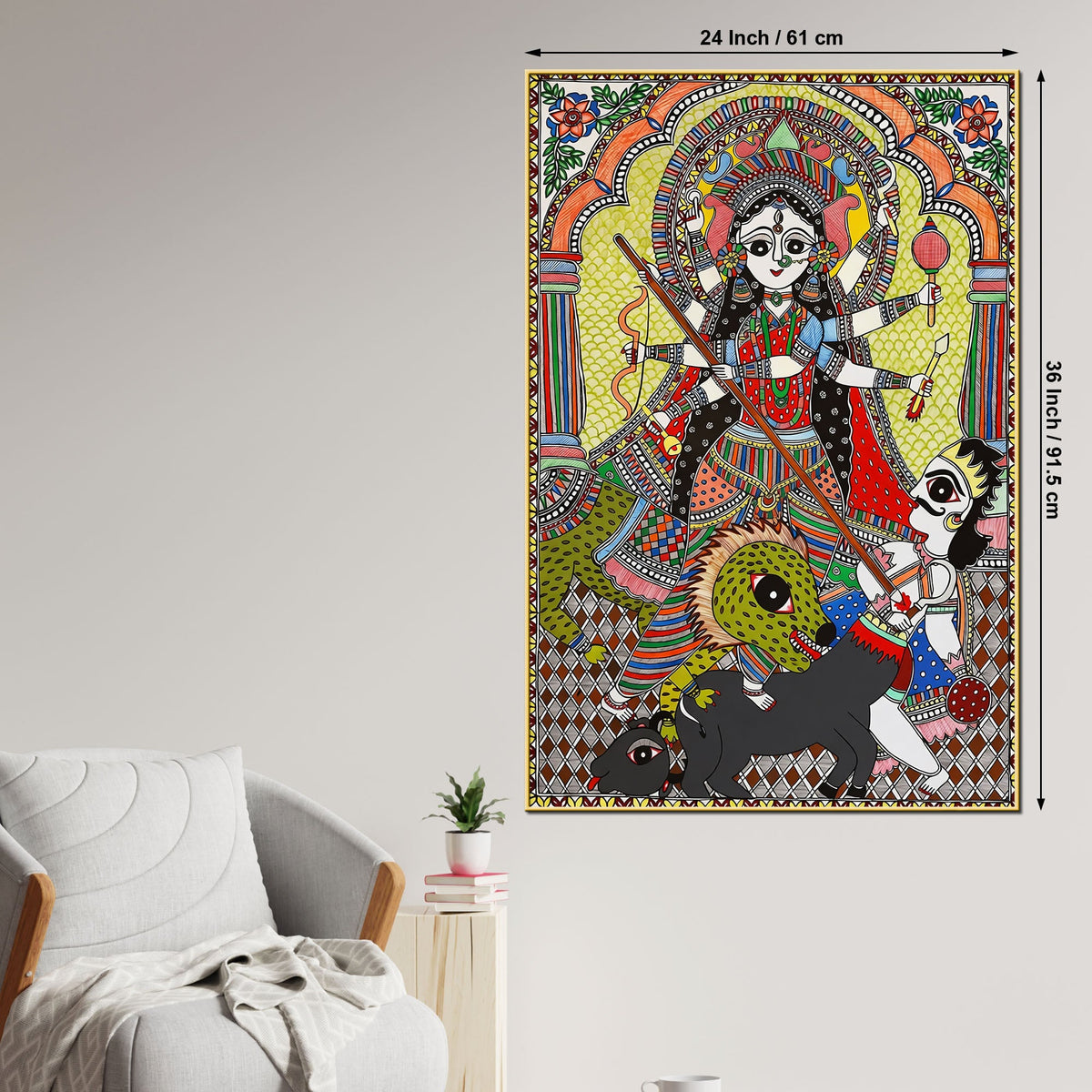 Sacred Goddess Durga Madhubani Canvas Wall Painting