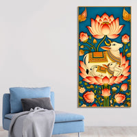 Sacred Kamdhenu Cow and Calf Lotus Canvas Painting | Spiritual Wall Art