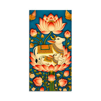 Sacred Kamdhenu Cow and Calf Lotus Canvas Painting | Spiritual Wall Art
