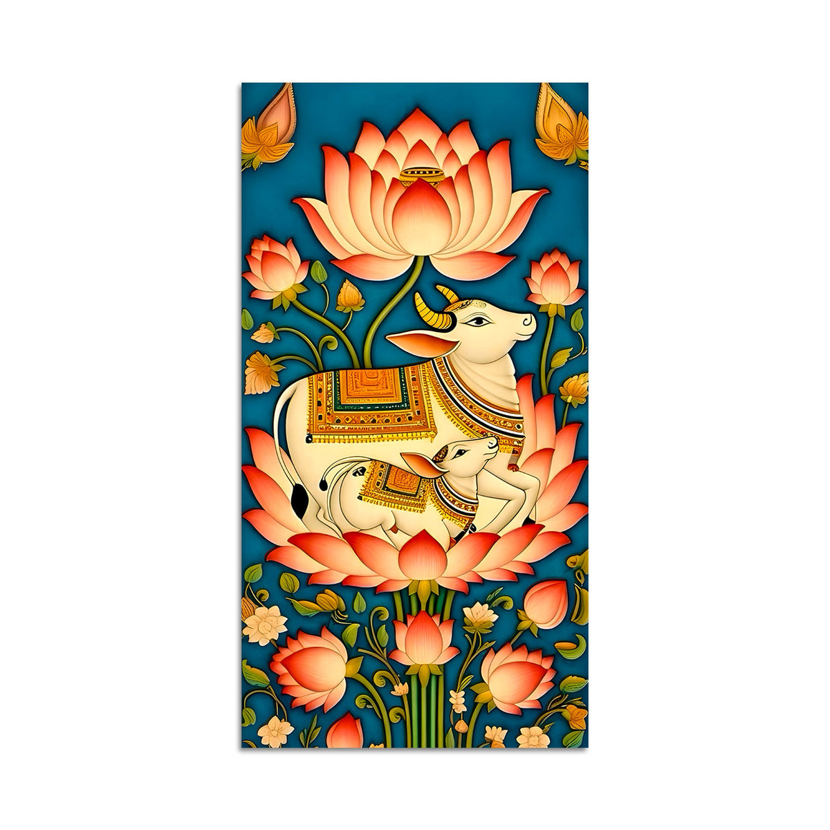 Sacred Kamdhenu Cow and Calf Lotus Canvas Painting | Spiritual Wall Art