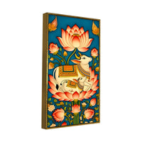 Sacred Kamdhenu Cow and Calf Lotus Canvas Painting | Spiritual Wall Art