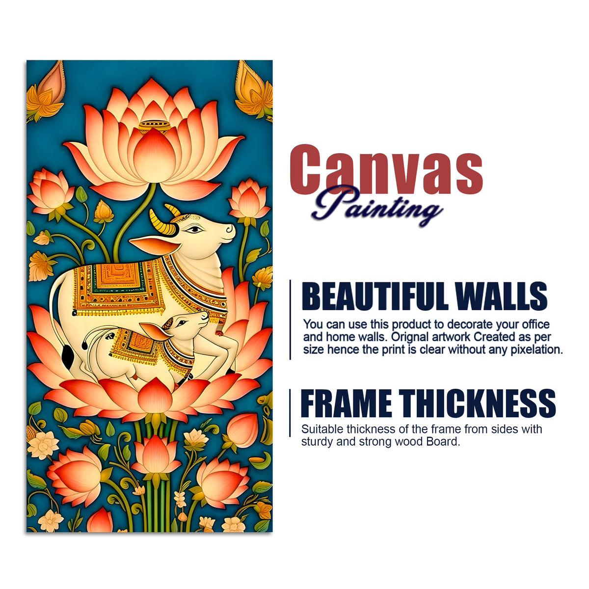 Sacred Kamdhenu Cow and Calf Lotus Canvas Painting | Spiritual Wall Art