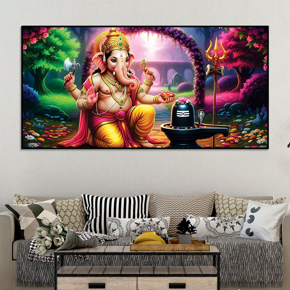 Sacred Lord Shri Ganesh Worshiping Lord Mahadev Shiva Lingam Premium Canvas Wall Painting for Home & Office Wall Decor – Modern Devotion Wall Art