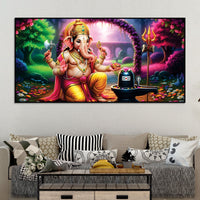 Sacred Lord Shri Ganesh Worshiping Lord Mahadev Shiva Lingam Premium Canvas Wall Painting for Home & Office Wall Decor – Modern Devotion Wall Art