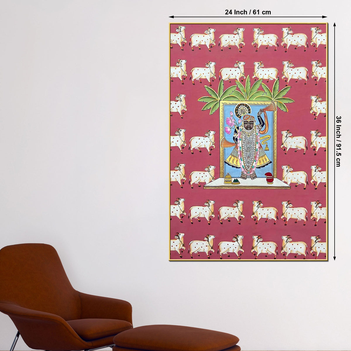 Sacred Lord Shrinathji Darshan with Cow Motif Spiritual Pichwai Canvas Wall Painting