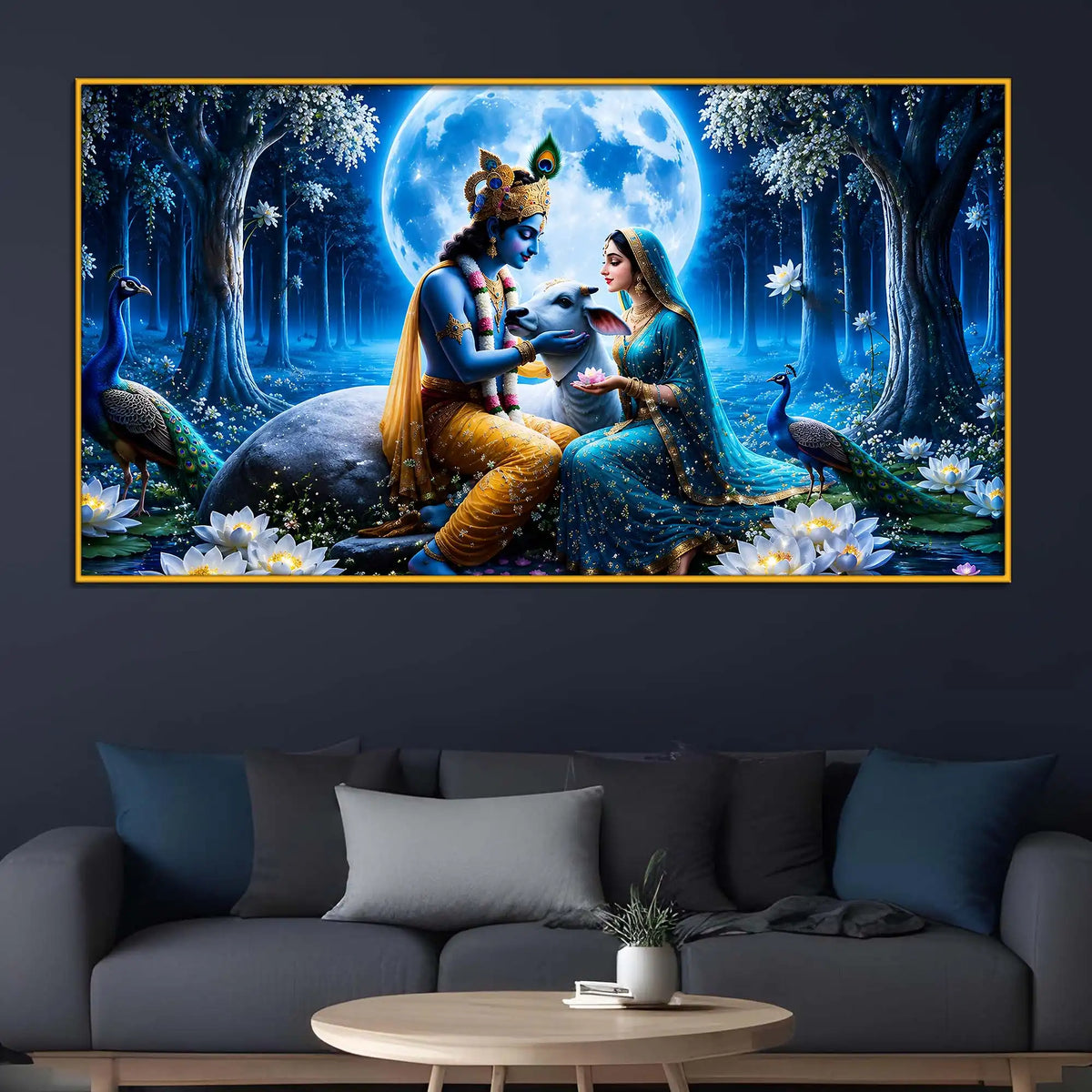 Sacred Radha Krishna Moonlit Floating Frame Crystal Wall Painting
