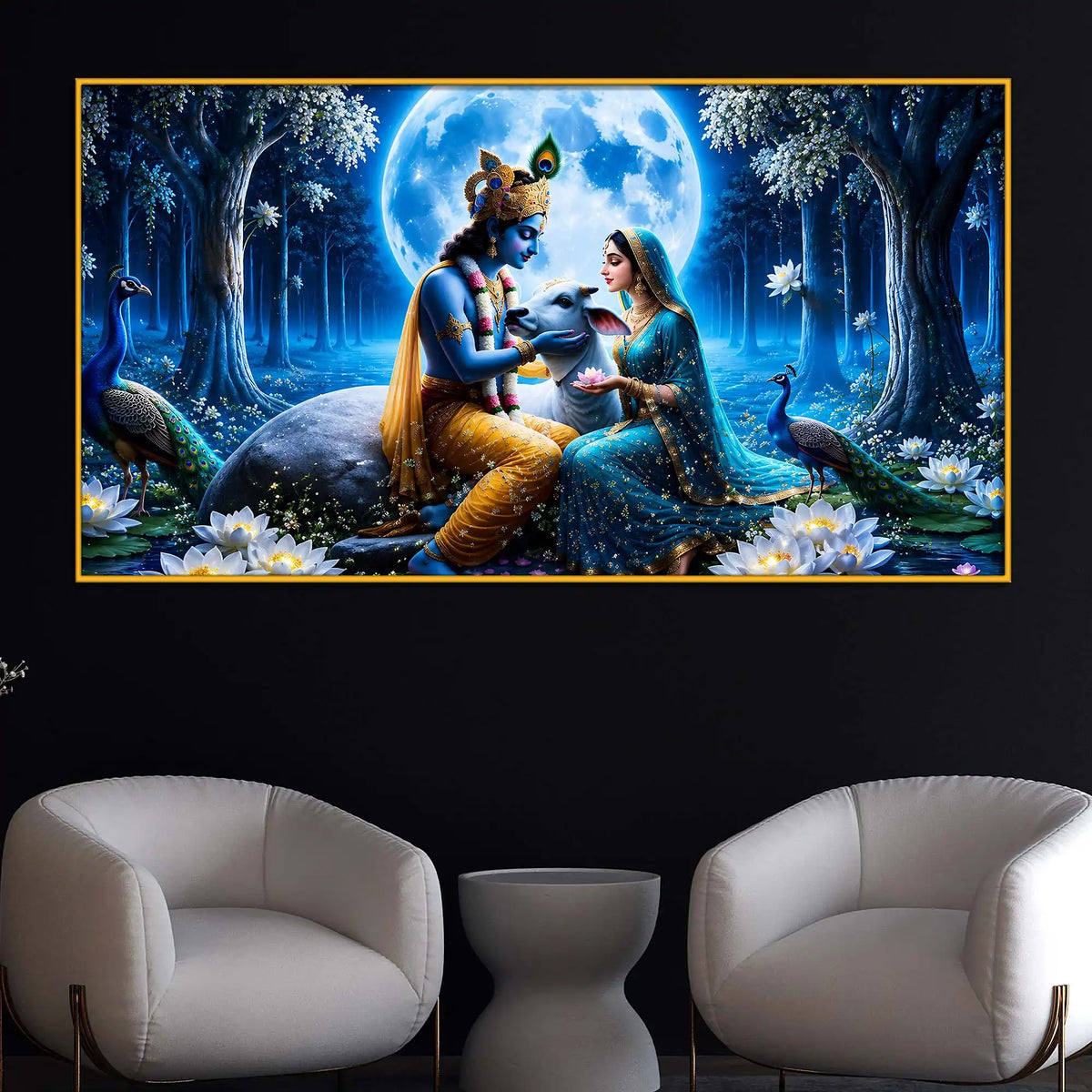 Sacred Radha Krishna Moonlit Floating Frame Crystal Wall Painting