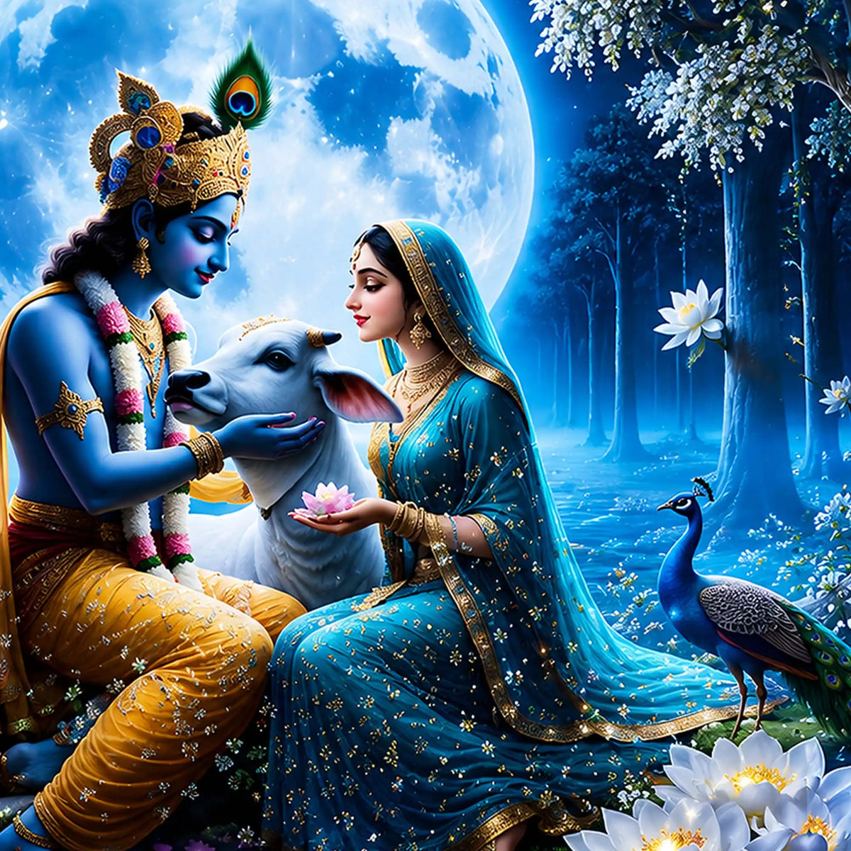 Sacred Radha Krishna Moonlit Floating Frame Crystal Wall Painting