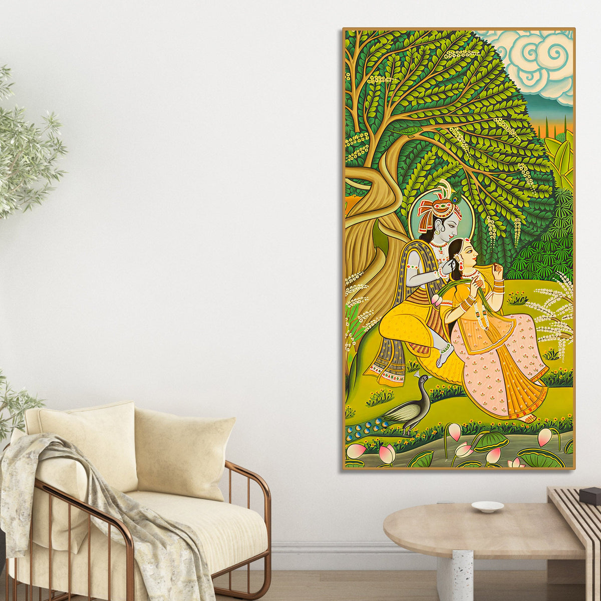 Sacred Radha Krishna Nature Scene Canvas Painting | Spiritual Wall Decor