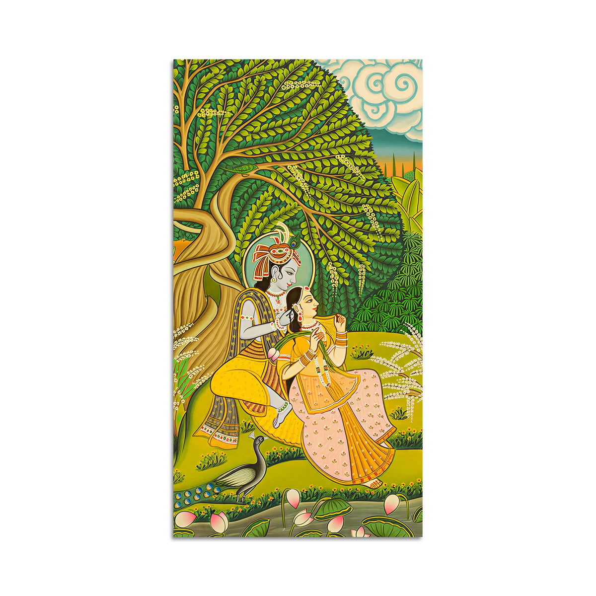 Sacred Radha Krishna Nature Scene Canvas Painting | Spiritual Wall Decor