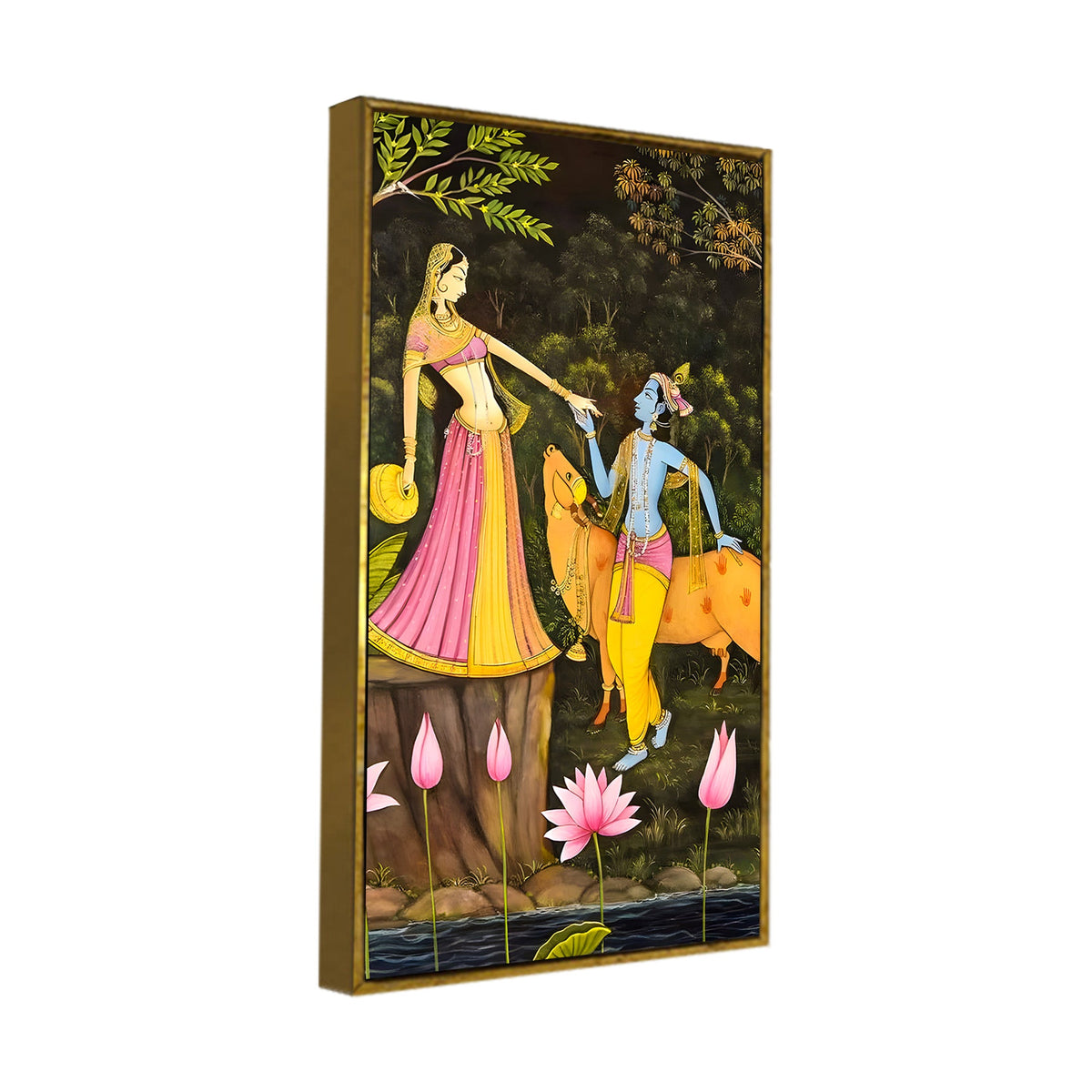 Sacred Radha Krishna with Cow Canvas Wall Art Painting | Spiritual Indian Home Decor