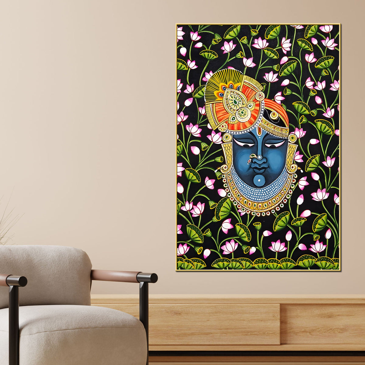 Sacred Shree Krishna Face Dark Floral Themed Indian Canvas Wall Painting