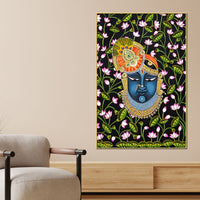 Sacred Shree Krishna Face Dark Floral Themed Indian Canvas Wall Painting