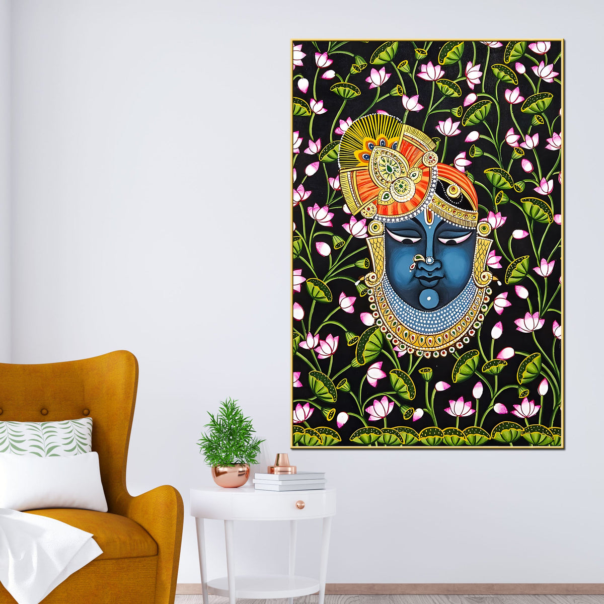 Sacred Shree Krishna Face Dark Floral Themed Indian Canvas Wall Painting