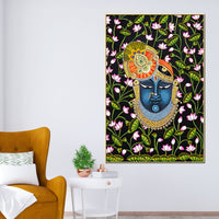 Sacred Shree Krishna Face Dark Floral Themed Indian Canvas Wall Painting