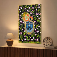 Sacred Shree Krishna Face Dark Floral Themed Indian Canvas Wall Painting