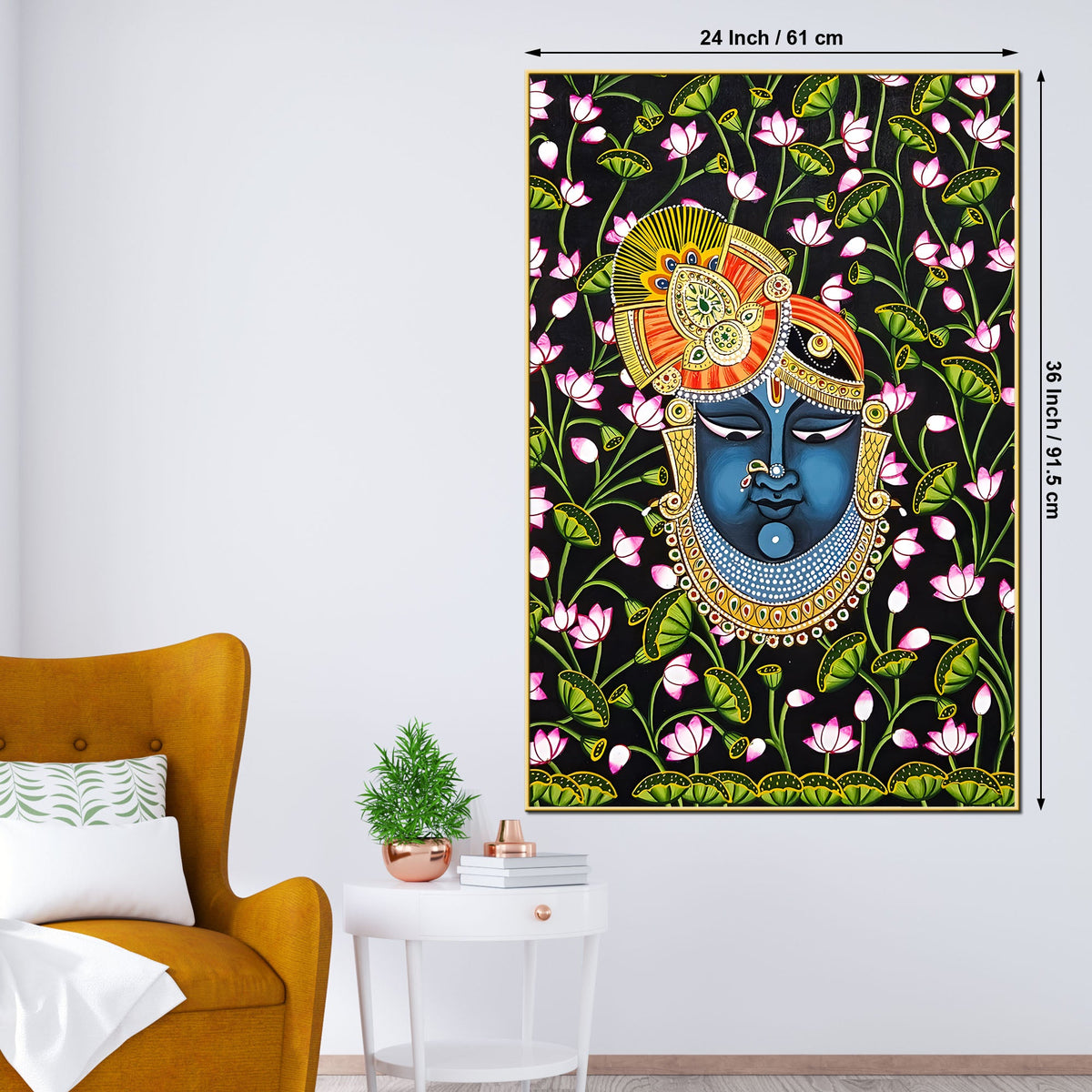 Sacred Shree Krishna Face Dark Floral Themed Indian Canvas Wall Painting