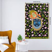 Sacred Shree Krishna Face Dark Floral Themed Indian Canvas Wall Painting