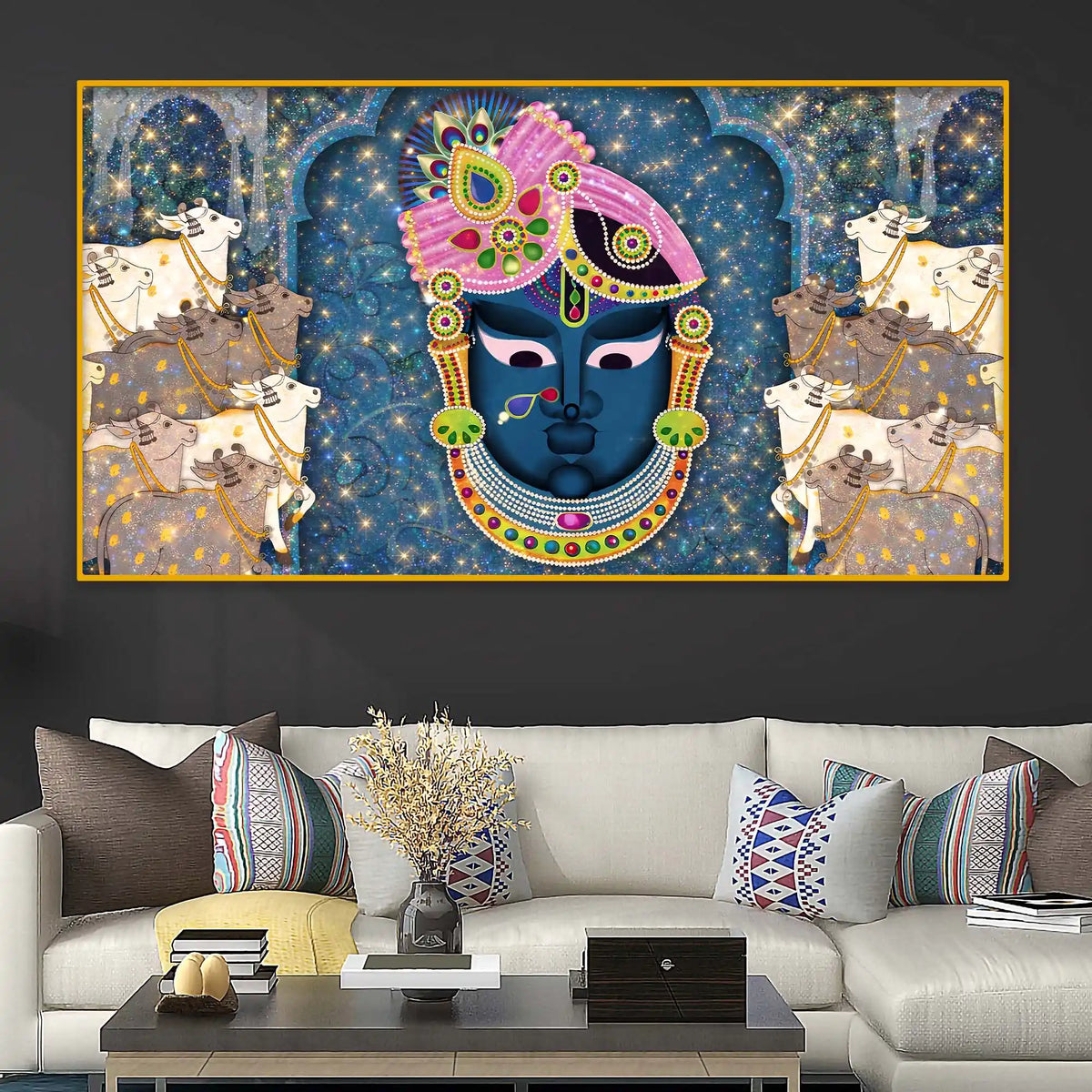 Sacred Shrinath Ji with Gau Mata Painting Crystal Glass Wall Décor for Positive Energy Home
