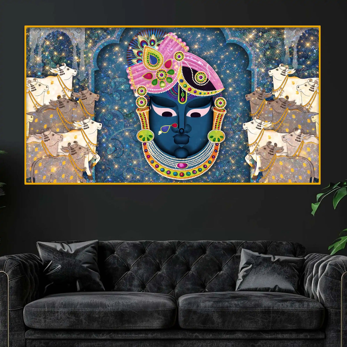 Sacred Shrinath Ji with Gau Mata Painting Crystal Glass Wall Décor for Positive Energy Home
