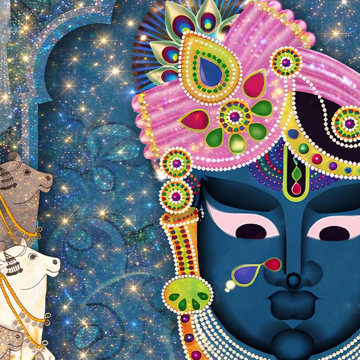 Sacred Shrinath Ji with Gau Mata Painting Crystal Glass Wall Décor for Positive Energy Home