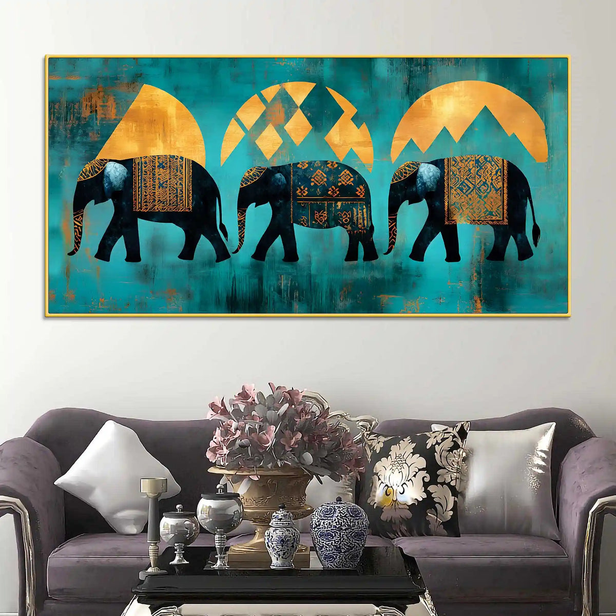 Sacred Trio Elephants of Strength Wisdom and Unity Canvas Wall Painting