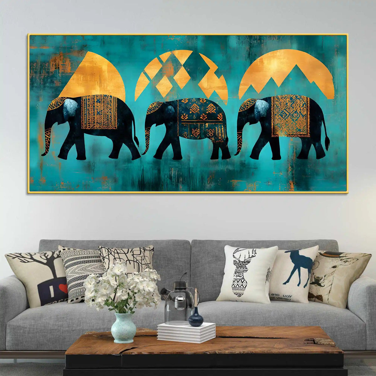 Sacred Trio Elephants of Strength Wisdom and Unity Canvas Wall Painting
