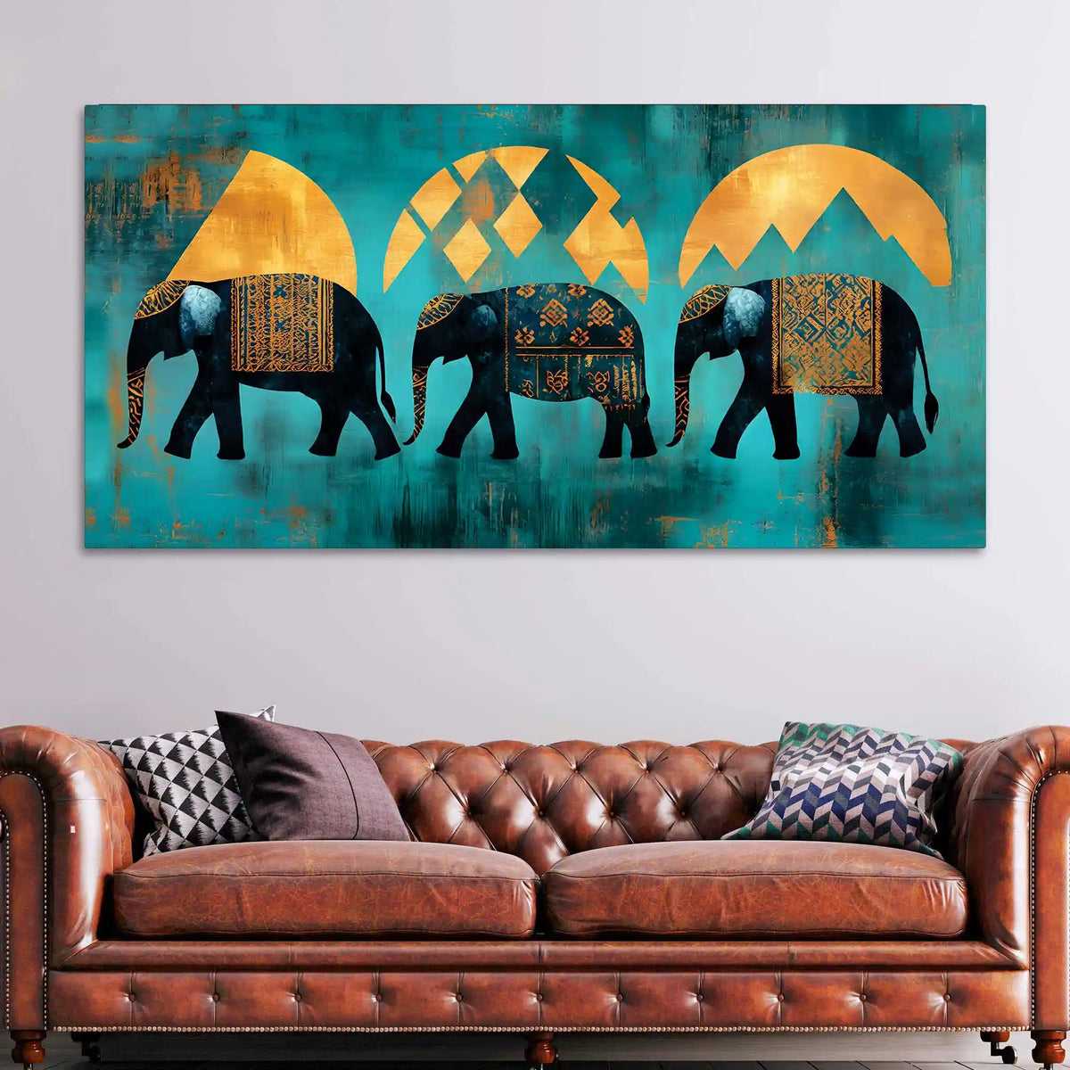 Sacred Trio Elephants of Strength Wisdom and Unity Canvas Wall Painting