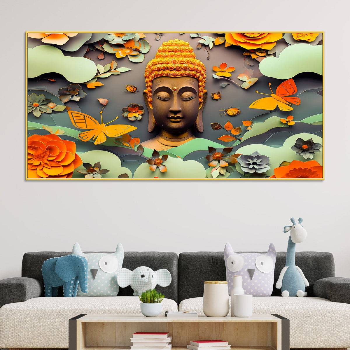 Serene Buddha Wall Canvas Painting with Floral & Butterfly Design
