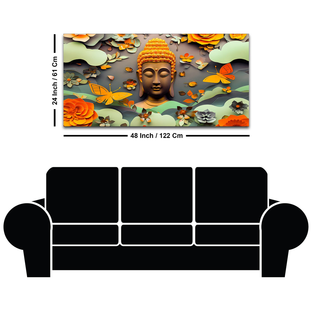 Serene Buddha Wall Canvas Painting with Floral & Butterfly Design