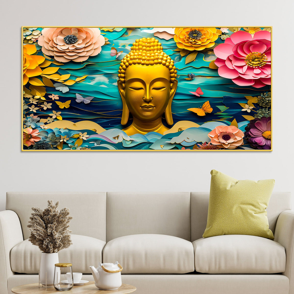 Serene Buddha Wall Décor Painting with Colorful Floral Background