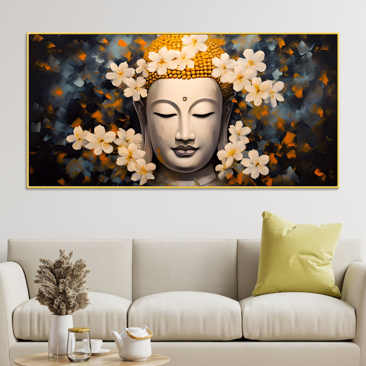 Serene Buddha Wall Painting with White Flowers
