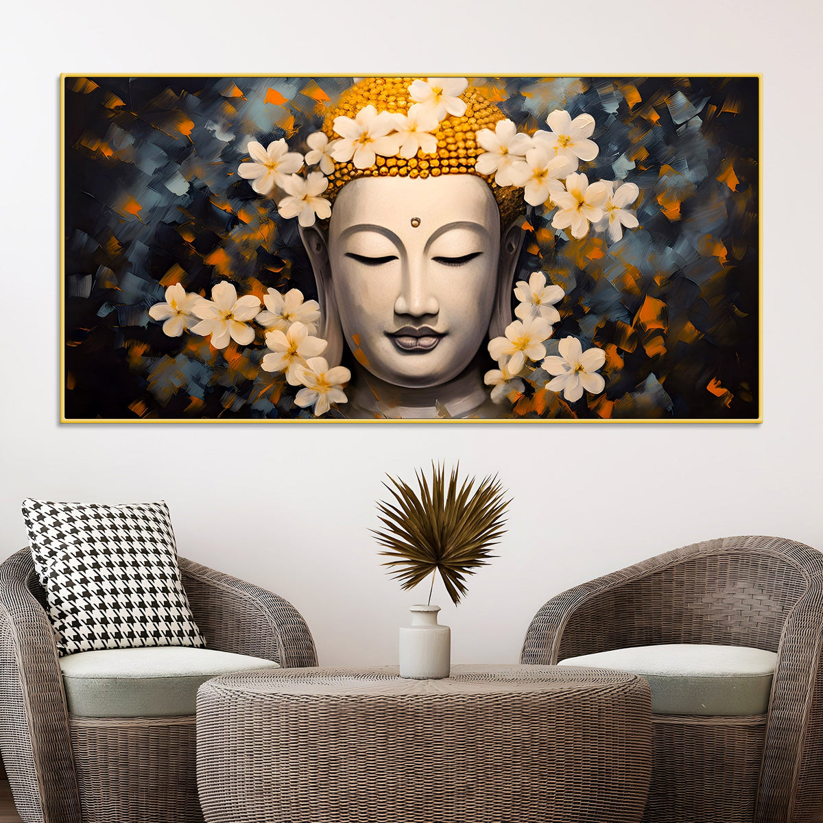 Serene Buddha Wall Painting with White Flowers