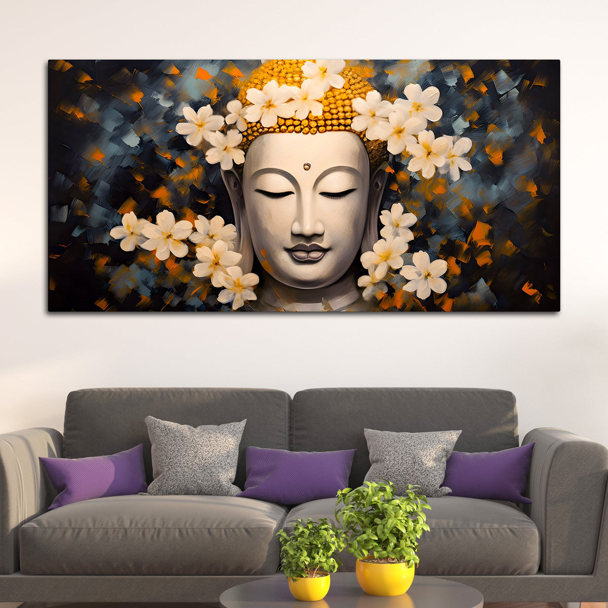 Serene Buddha Wall Painting with White Flowers