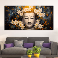 Serene Buddha Wall Painting with White Flowers