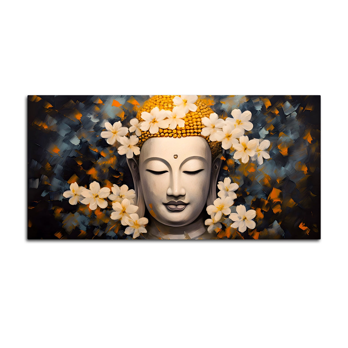 Serene Buddha Wall Painting with White Flowers